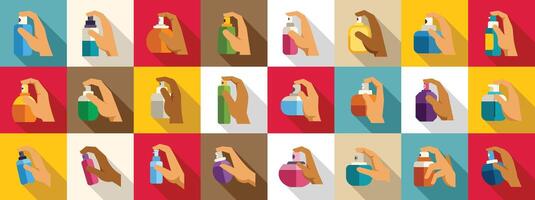 Hands perfume dispenser icons set. Hands holding and spraying perfume bottles on colorful background vector