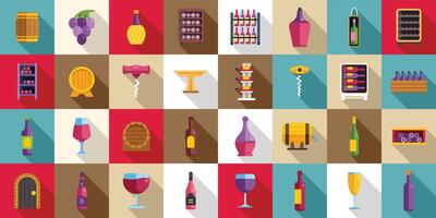 Wine cellar interior icons set. Winemaking process showing wine bottles, grape, barrels, wine cellar, and glass of wine vector