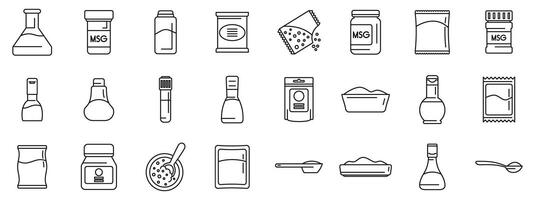 Glutamate icons set. Monosodium glutamate icon set featuring various forms and packaging of msg seasoning vector