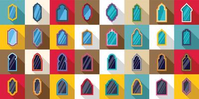 Shape islamic window icons set. Colorful arabic window frames showing traditional islamic architecture design vector