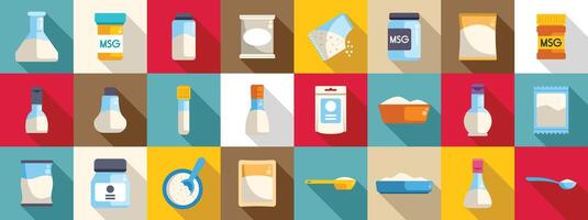 Glutamate icons set. Monosodium glutamate icon set representing flavor enhancer msg crystals and powder vector