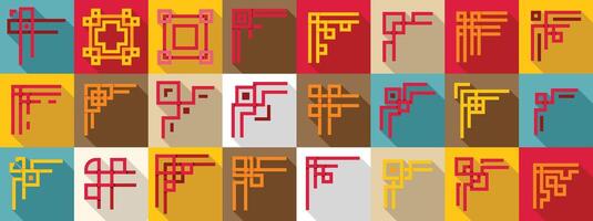 Chinese corner icons set. Colorful chinese frame corner design elements with long shadow vector