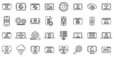 Update app software icons set. Software update progress and settings icons representing system upgrade vector