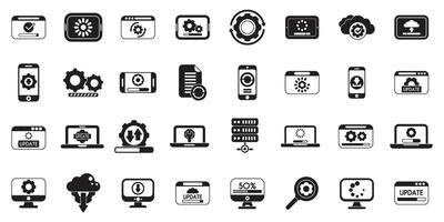 Update app software icons set. Software update progress and settings icons depicting updating process vector