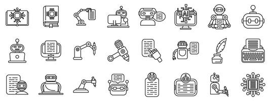 Robot-writer icons set. Ai writing and storytelling, robots and software creating content with robotic arms, pens, and typewriters vector