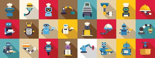 Robot restaurant icons set. Robots working as waiters and chefs in restaurant kitchen automation vector