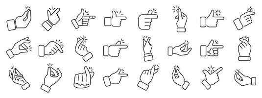 Easy finger icons set. Set of hand gestures icons representing snapping fingers, pointing, and clicking vector
