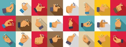 Easy finger icons set. Set of hand gestures icons showing snapping fingers, pointing, and clicking vector