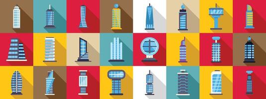 Futuristic metropolis architecture icons set. Modern skyscrapers and towers reaching for the sky in a vibrant cityscape vector