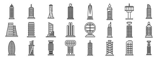 Futuristic metropolis architecture icons set. Modern skyscrapers and towers reaching for the sky in a futuristic cityscape vector
