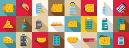 Grated cheese icons set. Grated cheese and cheese graters icons set with long shadow vector