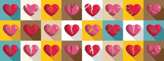 Cracked heart icons set. Set of broken heart icons representing various stages of heartbreak vector