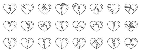 Cracked heart icons set. Set of broken heart icons representing sadness and heartbreak vector