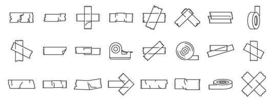 Duct tape icons set. Adhesive tape strips and dispenser, collection of simple line icons representing different types of sticky tapes vector