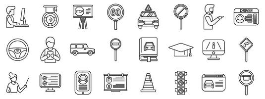 Driving school lessons icons set. Driving school icons showing various aspects of learning to drive, from theory to practice vector