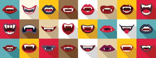 Vampire mouth icons set. Vampire fangs and lips showing on colorful backgrounds vector