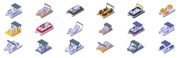 Pontoon boat icons set. Pontoon boats showing various designs and colors for leisure and recreation vector
