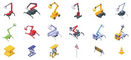 Lift platform basket icons set. Lifting platform icons showing scissor lifts, hydraulic mobile cranes and construction platforms for working at height vector
