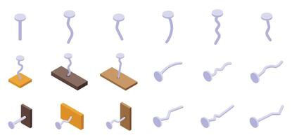 Hammered stainless nails icons set. Set of nails and boards with nails, bent and straight, in isometric view vector