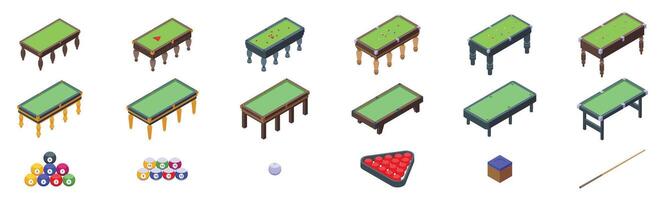 Snooker table icons set. Billiard table set with balls, cue and chalk, isometric view for games and entertainment vector