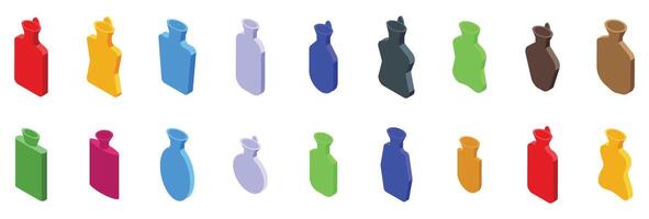 Rubber warmer icons set. Hot water bottle icons showing different colors and styles for comfort and warmth vector