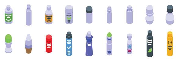 Antiperspirant bottles icons set. Deodorant and antiperspirant icons set, isometric view vector