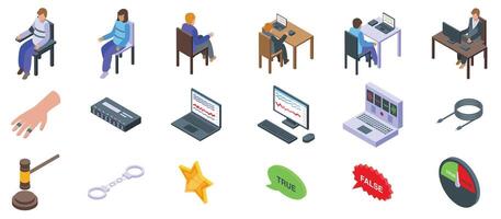 Lie detector test icons set. Polygraph test procedure, examining truth and deception with lie detector equipment vector