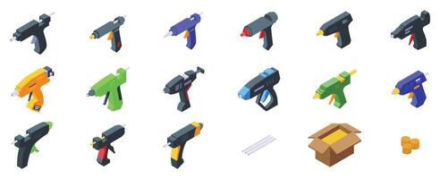 Hot melt glue icons set. Glue gun icons showing hot melt tools for repairing and creating with isometric view vector