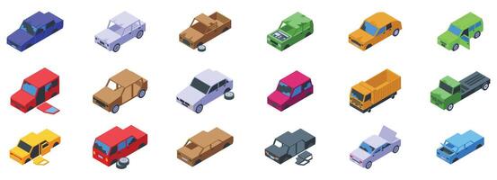 Abandoned broken car icons set. Car body part assembling and repairing process in isometric view vector