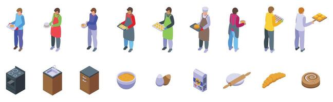 Man baking icons set. Bakers preparing bread, cookies, and croissants in bakery setting vector