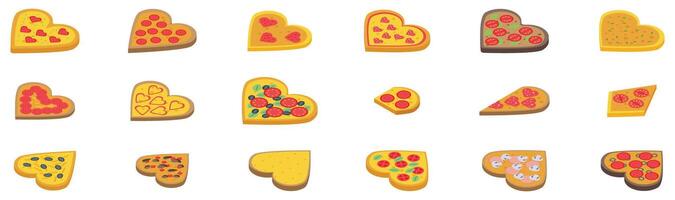 Pizza heart icons set. Heart shaped pizzas with various toppings creating a romantic culinary delight vector