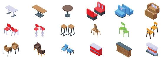 Retro cafe furniture icons set. Cafe furniture set with tables, chairs, bar stools, and booths in isometric view vector