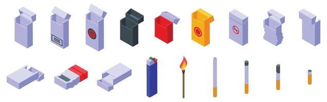 Empty pack cigarettes icons set. Smoking elements showing cigarettes, lighters and packs in isometric view vector