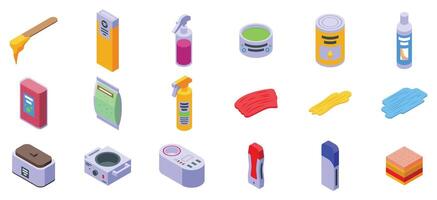 Wax depilation icons set. Depilation tools and products for removing unwanted hair isometric view vector