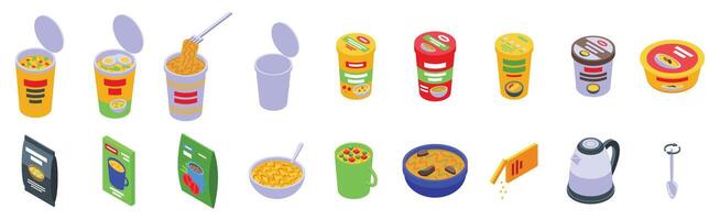 Instant soup icons set. Preparing and eating instant noodles and soups, isometric icons depicting various stages and methods vector