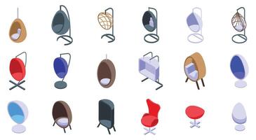Egg chair icons set. Hanging egg chairs showing modern furniture design in isometric view vector