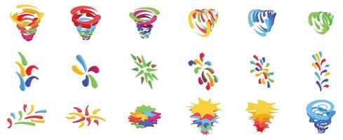 Rainbow swirls drops icons set. Colorful abstract shapes forming dynamic and fluid designs vector
