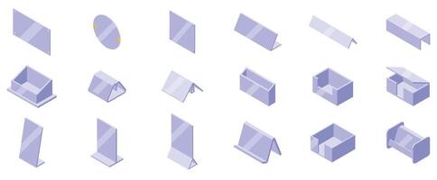Acrylic nameplate icons set. Acrylic holders and stands in various shapes and sizes displaying information and products vector