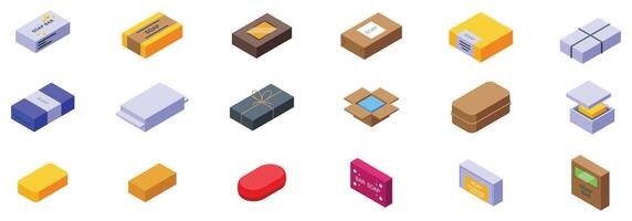 Soap bar package icons set. Soap bars and packaging showing variety of shapes, colors, and materials vector