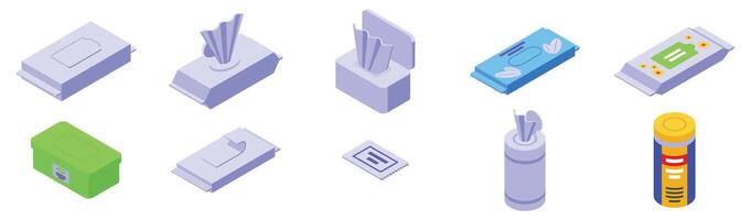 Wet wipes package icons set. Wet wipes packages showing different dispensing methods and materials vector