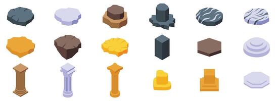 Stone podium icons set. Museum exhibit pedestals and columns supporting ancient artifacts vector