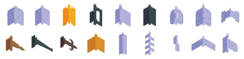 Door hinges icons set. Different types of hinges connecting objects, enabling rotation vector
