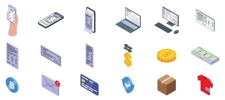 Internet invoicing icons set. Online payment isometric icons showing shopping and ecommerce vector