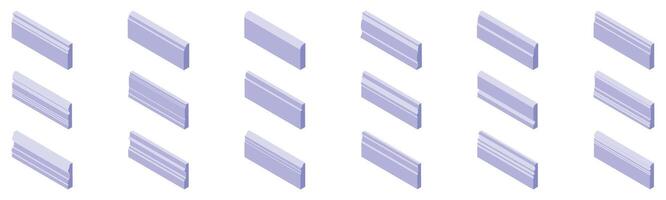 Baseboard molding icons set. Set of decorative plinth blocks in isometric view enhancing architectural design vector