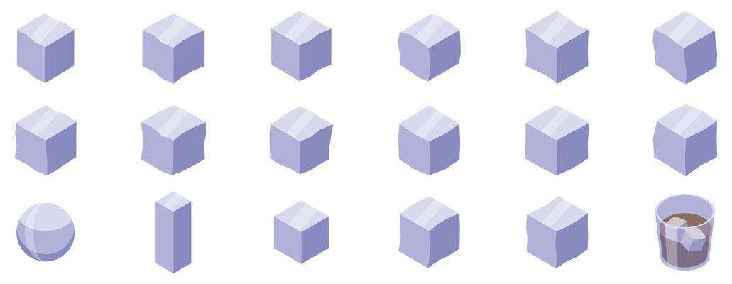 Ice cube cocktail icons set. Ice cubes rotating animation sequence with final glass of iced coffee
