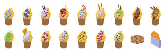 Hong kong waffle icons set. Bubble waffle dessert icons showing variety of sweet toppings in isometric view vector