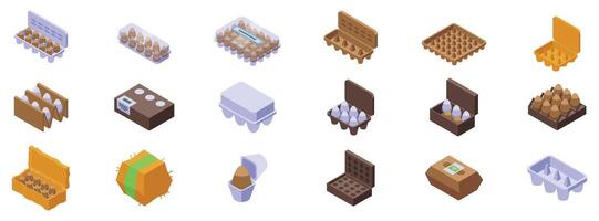 Egg package icons set. Egg container storage protecting and transporting fresh eggs in various packages vector