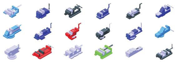 Machine vice icons set. Vise grip holding tools in isometric style fixing metal objects vector