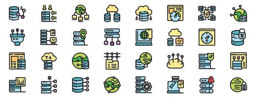 Data hosting icons showing cloud computing, server processing, and database management vector