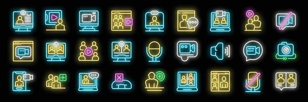 Neon icons representing conferencing, webinars, online meetings, and remote teamwork vector